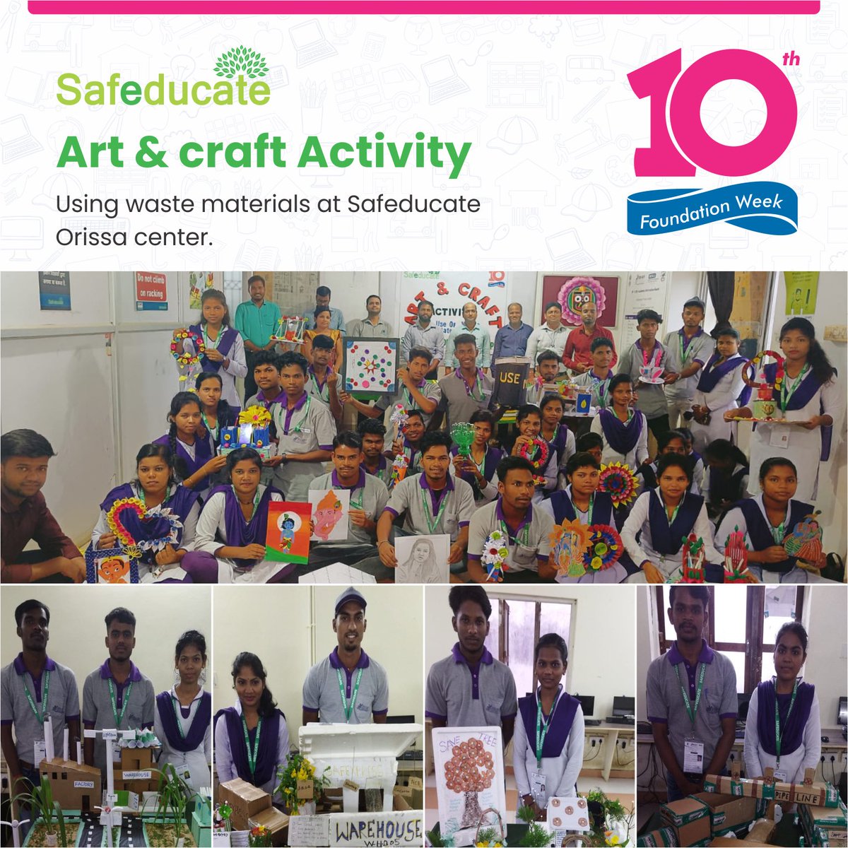 Safeducate's tweet photo. Orissa candidates participate in foundation week celebrations and create various artistic works of craftwork in honour of Safeducate Foundation Day.

#safeducatelearning #foundationday #ddugky #ddugkymord #skills #skilldevelopment #skillindia #orissa https://t.co/oD1pfOgeOZ