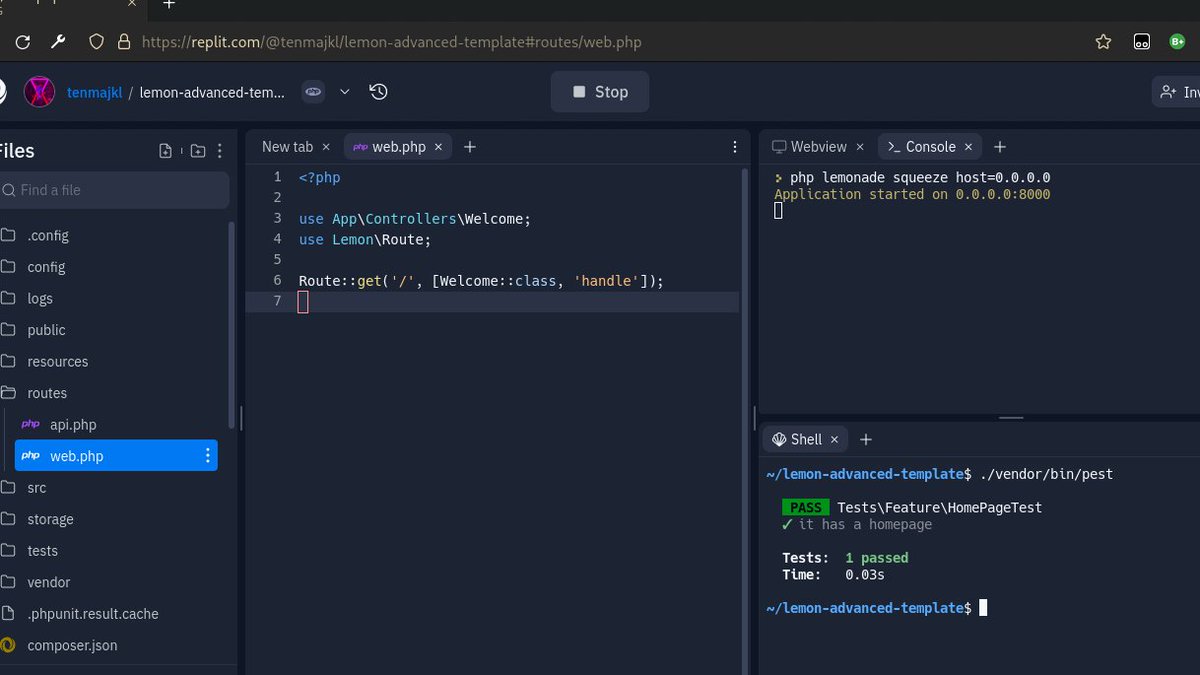 tenmajkl's tweet image. Another @replit template! This time for more advanced Lemon apps. It runs them using workerman so they are much faster. It also comes with configured pest for testing and phpstan for static analysis. #replitreps