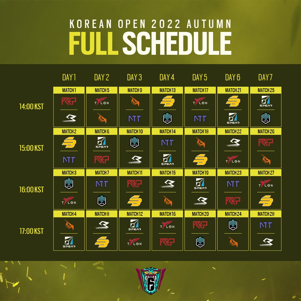 <R6S 코리안오픈 2022 어텀 대진표>
아래에서 이번 시즌 경기 일정을 확인하세요. 
가장 기대되는 매치업은 무엇인가요? 이번 시즌도 많은 시청 부탁드립니다. #r6esportskr