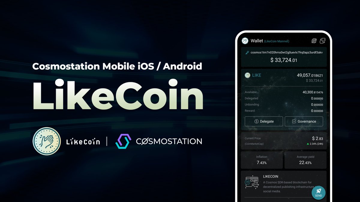 CosmostationVD's tweet photo. 3/ Cosmostation Mobile @IBCwallet iOS &amp; Android now supports @likecoin Mainnet🚀

Get the latest update on @AppStore &amp; @GooglePlay
 now and start managing $LIKE with Cosmostation. #LFG 🙌

#LIKECOIN #IBCGang https://t.co/41fBpja8By