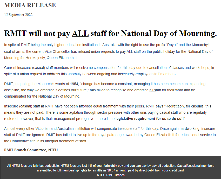 NTEUVictoria's tweet photo. Now this is really disappointing, @RMIT... Not paying your casual staff for the Queen's Memorial holiday is a low blow. How must they feel when most of their colleagues at other universities state-wide WILL be getting compensated? We want #betterunis - better than RMIT! #HigherEd https://t.co/A7nhhSIexA