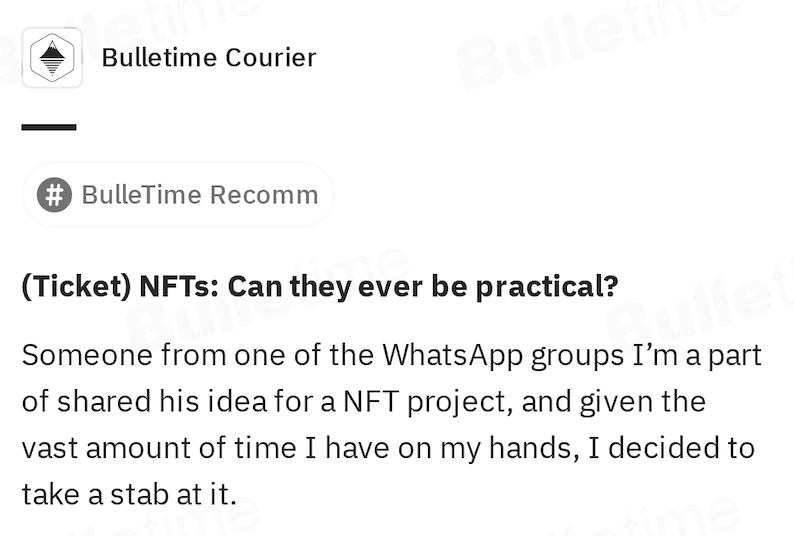 bulletimexyz's tweet photo. 🔔BulleTime Recommendations - NFT Topic Worth Reading 🔔

🎫Using NFTs as tickets have been an idea going around the NFT world. However, can it be really useful?
👀Check out this passage to discover it!
🔗 https://t.co/DiH38F6erj

#NFT #NFTicket #UseNFT https://t.co/esDtGm1ciN