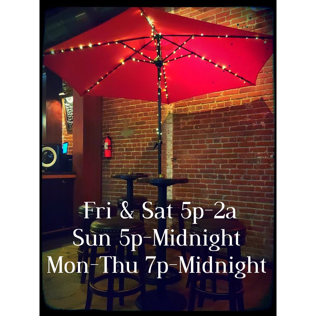 NEW HOURS FOR FALL!

Friday &amp; Saturday 5pm-2am
Sunday 5pm-Midnight
Monday-Thursday 7pm-Midnight 

$5 FRIDAYS
5pm-7pm Happy Hour
$5 Well Drinks + Select Beer &amp; Wine

BYOV WEDNESDAYS 
Bring Your Own Vinyl and spin tracks with us all night long!