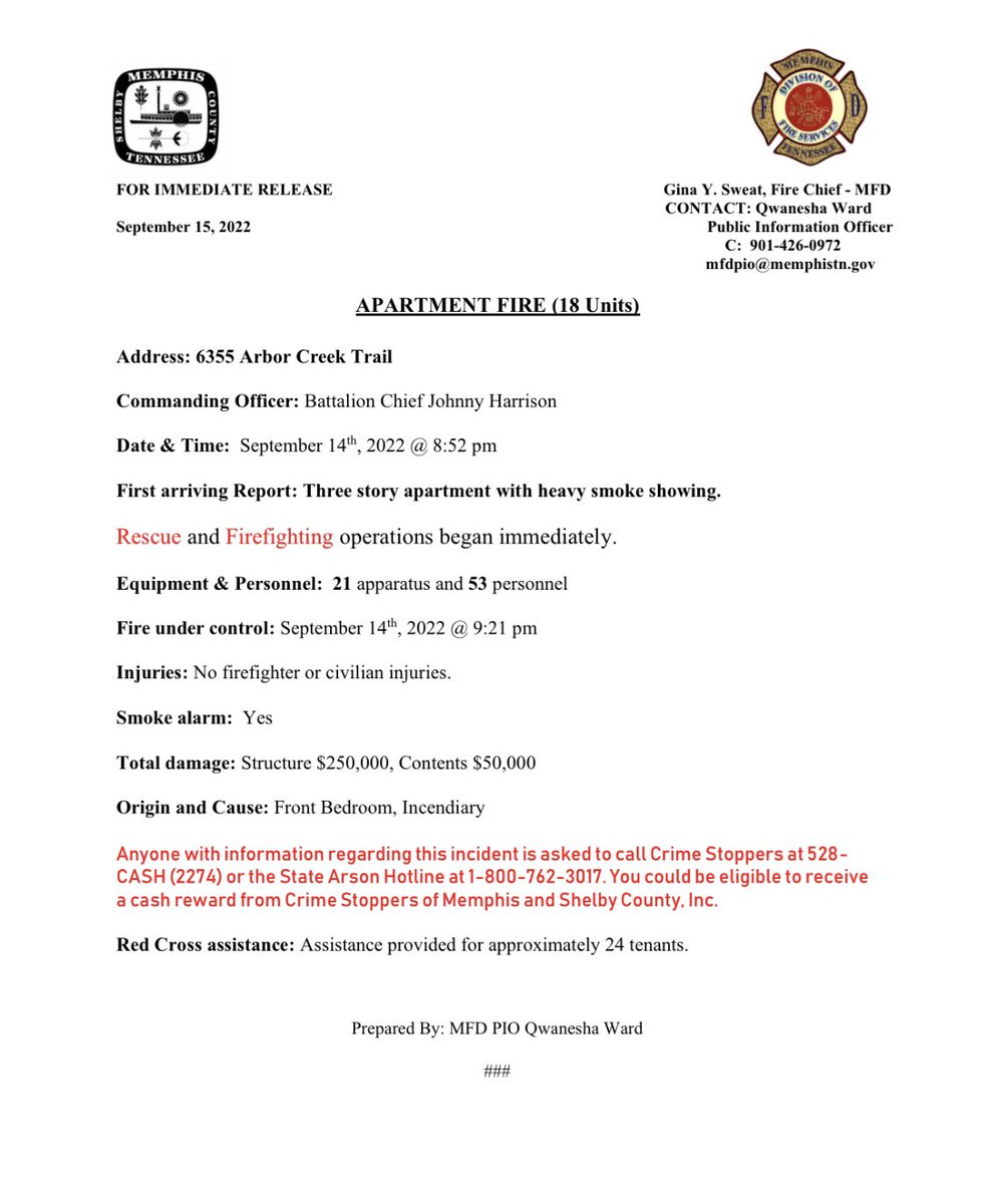 Memphis Fire Department on Twitter "Media Release Apartment Fire 6355