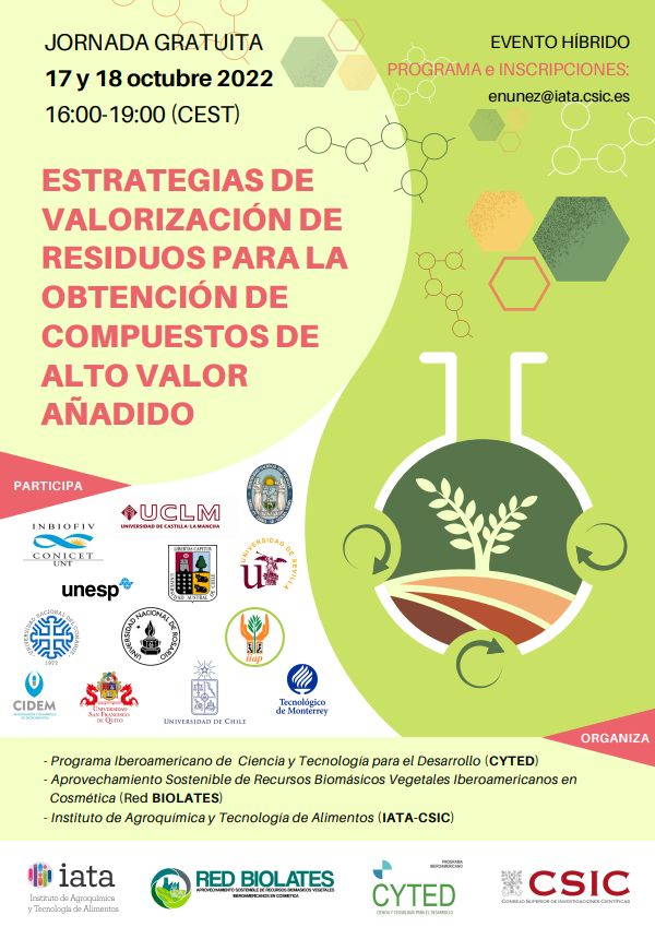 Abrimos las inscripciones para la Jornada Gratuita que organiza el <a href="/iata_csic/">IATA CSIC</a> en formato híbrido, junto con #REDBIOLATES dentro del <a href="/Programa_CYTED/">Programa CYTED</a>. Inscripciones a través de enunez@iata.csic.es
<a href="/CSICdivulga/">CSIC Divulga</a> <a href="/FoodPackGroup/">Packaging Group</a> #valorización #residuos