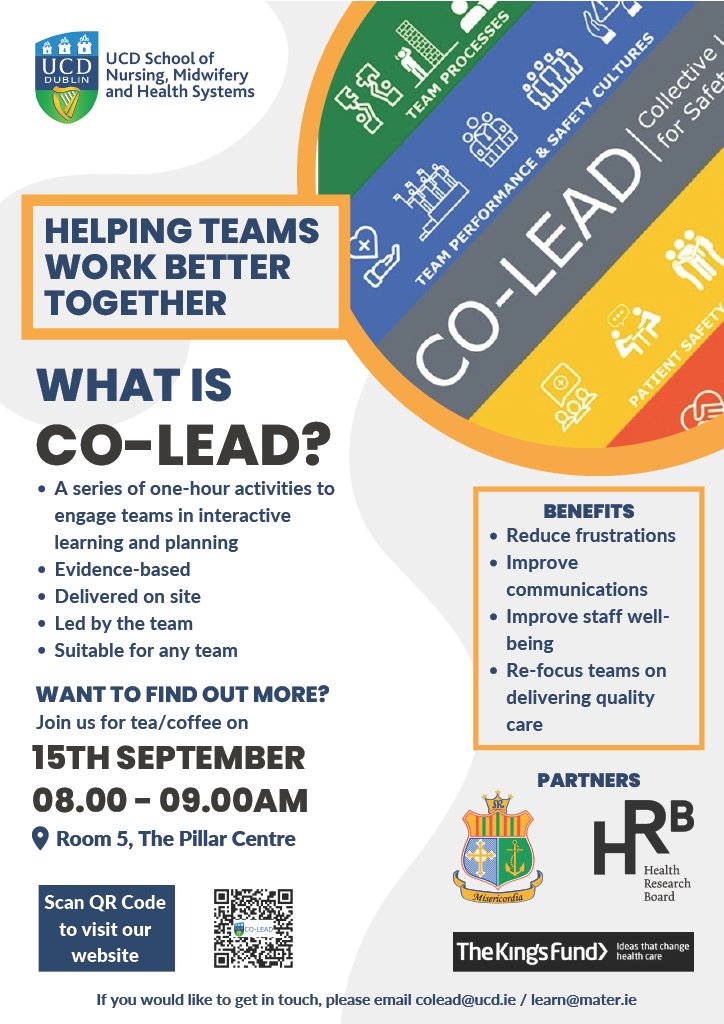 Mater Hospital Learning & Development (@materlearn) on Twitter photo Beautiful morning here in #Dublin
We are looking forward to <a href="/coleadproject/">Co-Lead</a> <a href="/MaterTransform/">Mater Transformation</a> session this morning.
All <a href="/MaterTrauma/">Mater Hospital Trauma</a> welcome.
🕗 Thurs Sept. 15th 8-9am, pop in anytime.
📍 Pillar Centre Room 5
If you are unable to come, find out more ➡️ 📧 colead@ucd.ie Beautiful morning here in #Dublin
We are looking forward to <a href="/coleadproject/">Co-Lead</a> <a href="/MaterTransform/">Mater Transformation</a> session this morning.
All <a href="/MaterTrauma/">Mater Hospital Trauma</a> welcome.
🕗 Thurs Sept. 15th 8-9am, pop in anytime.
📍 Pillar Centre Room 5
If you are unable to come, find out more ➡️ 📧 colead@ucd.ie