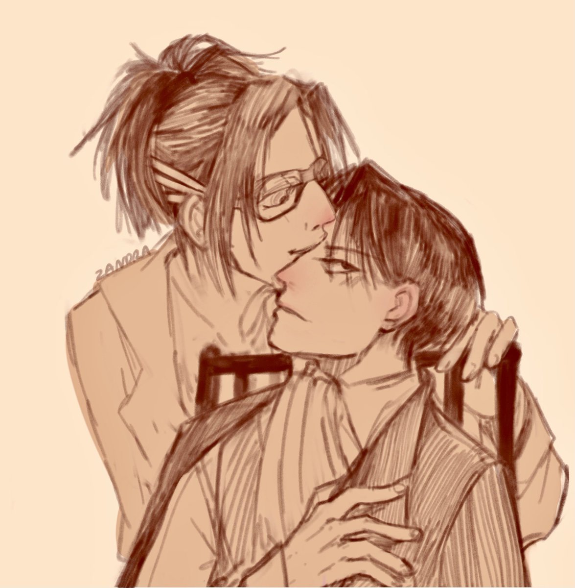 Zandraacro's tweet image. LeviHan doodle: a kiss/bite on the forehead #Levihan #leviackerman #hangezoe