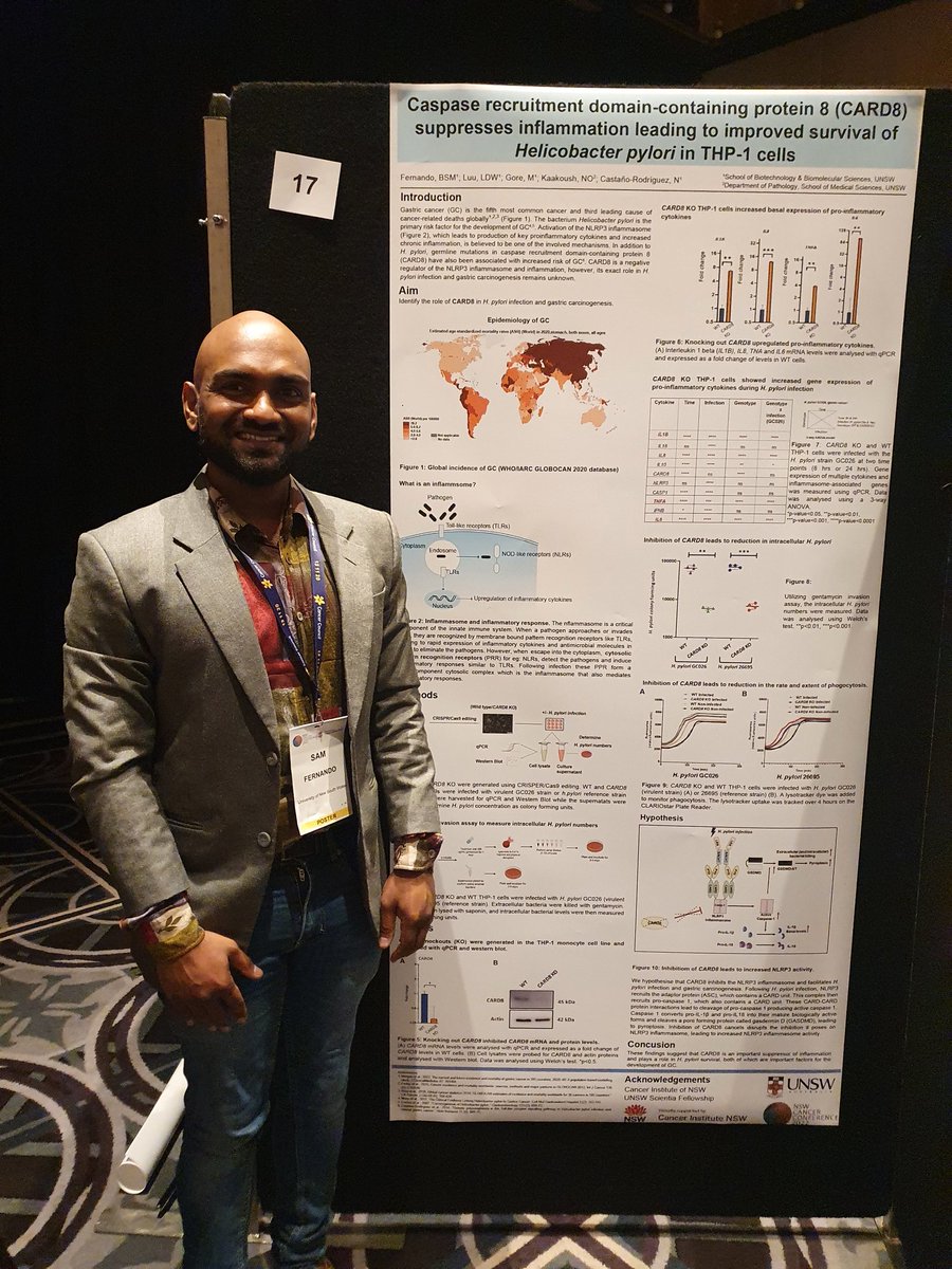 NatCasRod's tweet photo. And just a few meters from Isidora Simovic (Poster 54), you will find our talented @SamithaFernand3 (Poster 17) talking about CARD8, an inhibitor of the NLRP3, a big player in stomach inflammation and cancer. #NSWCancerConf22 @UNSWBABS https://t.co/pKuukt524N