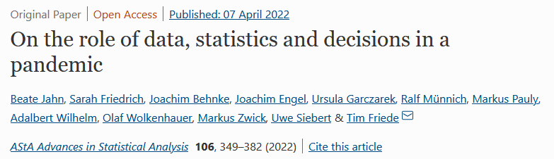 tim_friede's tweet photo. "On the role of data, statistics and decisions in a pandemic" (https://t.co/JAkgOyOrzM) with discussion including @m_hoehle, @wajora, @ViolaPriesemann and @GoeranKauermann #DAGStat @DStatG https://t.co/84vUpSq4KB