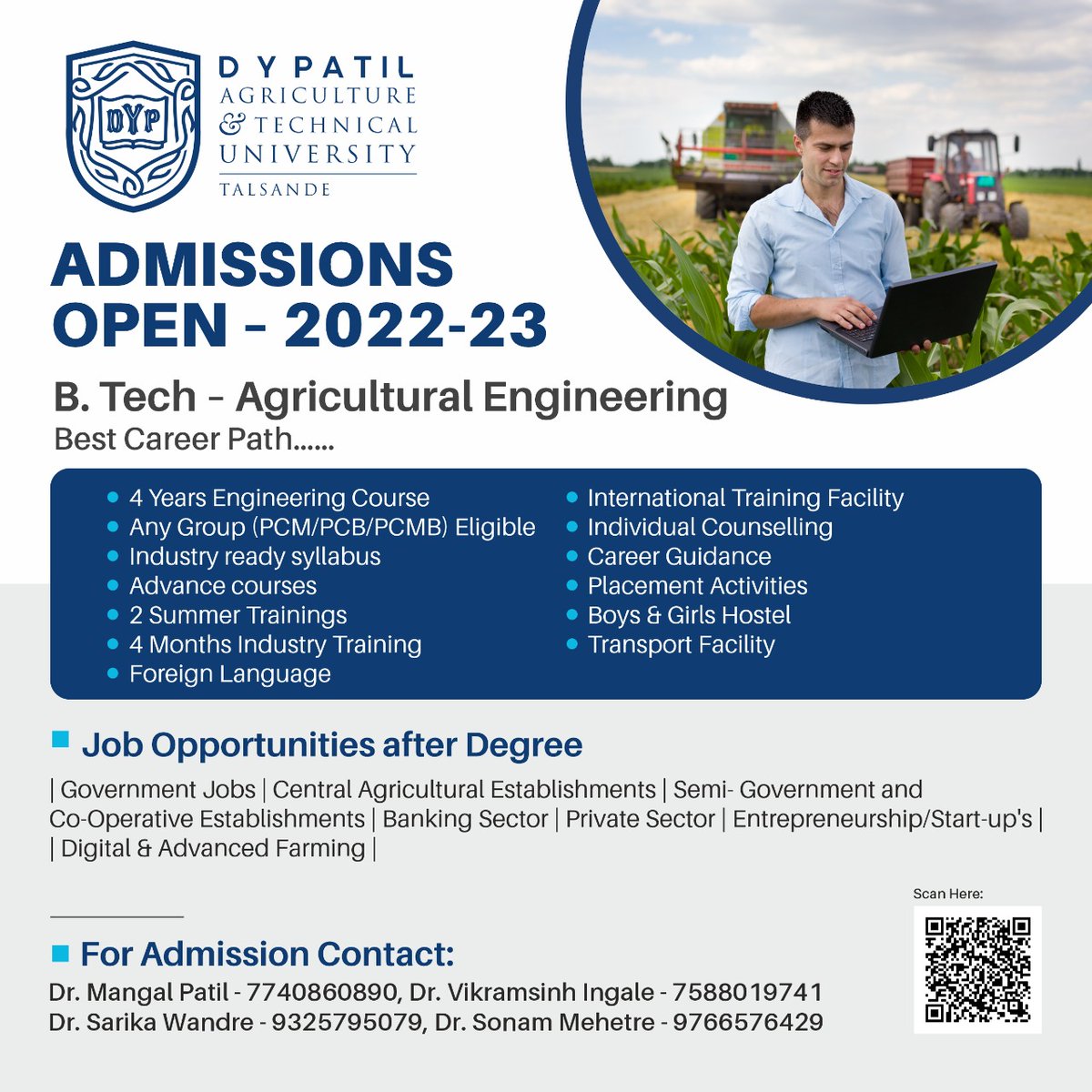 Greetings from D Y Patil Agriculture and Technical University, Kolhapur.

B.Tech Agricultural Engineering Admissions for 2022-23 started at our campus. #agriculture #agritech #admissionopenatabbs #DYP #career