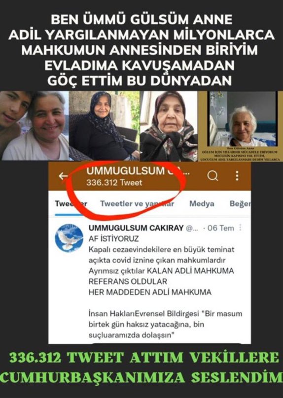 Ben ÜMMÜ GÜLSÜM Anne 336.312 bin tweet attım vekillere ve Cumhurbaşkanımıza seslenmek için. Sonunda bu dünyadan göç ettim. 😔✌🏻😔
<a href="/RTErdogan/">Recep Tayyip Erdoğan</a> 
AFFET TÜRKİYEM