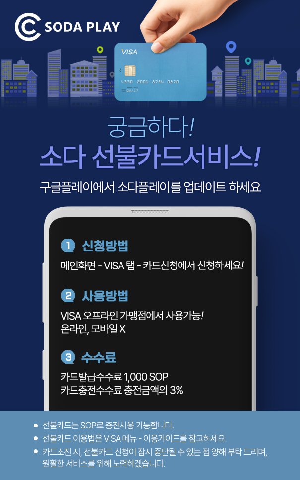 Sodacoin's tweet photo. [Notice]Sodaplay now on support VISA prepaid card

How to use VISA prepaid card
VISA prepaid card can use and charge to Sodapoint that mined by Sodaplay. Since the card is issued overseas, the issuance process is conducted based on passport information. https://t.co/Jv7RaKHU9v