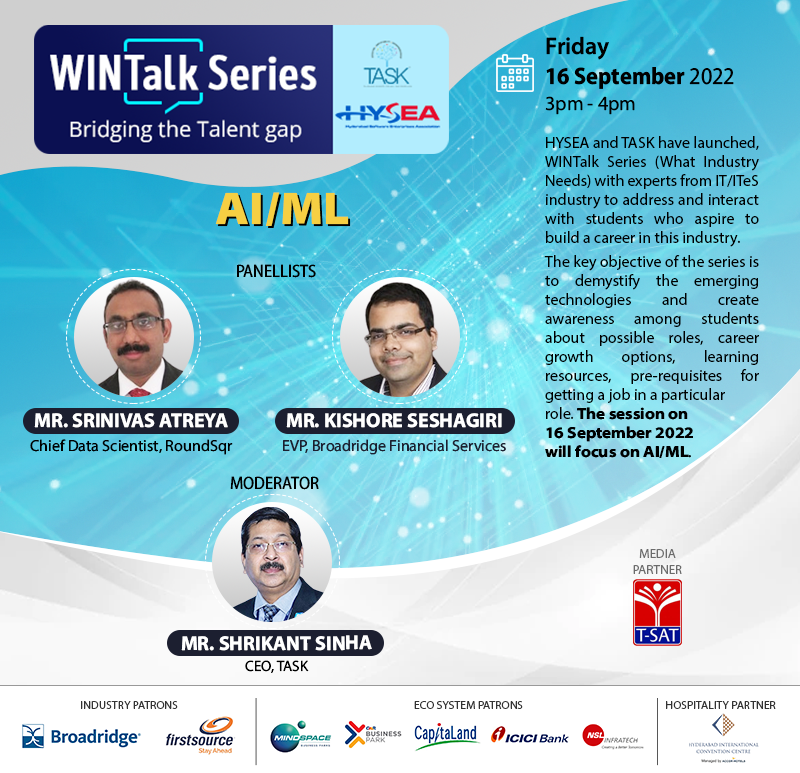 tasktg's tweet photo. TASK - HYSEA WINTalk Series: The session on 16th Sept 2022 will focus on AI/ML.

Time: 3pm - 4pm
Joining Link: https://t.co/lrVKus5Kec

@ShrikantNF @HYSEA1991 @AtreyaSrinivas @seshak
@TSATnetwork @Manisha_saboo

#TASK #WINTalk #AI #ML https://t.co/MGPIcxCirl