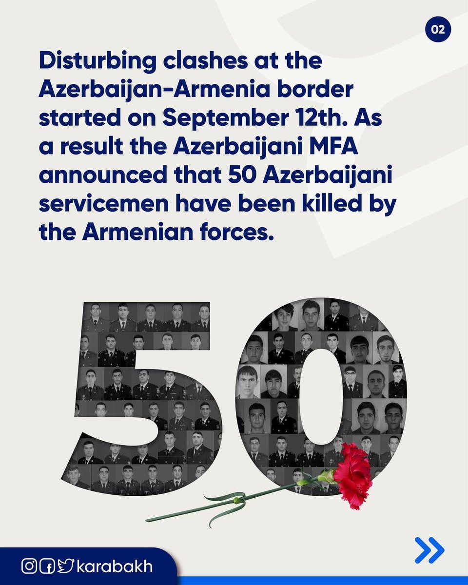 The armed forces of Armenia carried out military provocations within the borders of Azerbaijan, as a result of which 50 Azerbaijani military servicemen were killed.

#KarabakhisAzerbaijan #StopArmenianAggression #Armeniakillscivilians #Azerbaijan #Armenia