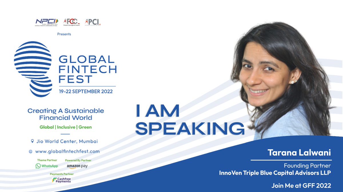 Join @TaranaLalwani live at the Global Fintech Fest 2022, from 19th-22nd of September'22 at the Jio World Center. To register click here: bit.ly/3zBvB30 #GlobalFintechFest #GFF #GFF22 @NPCI_NPCI @PCIUpdates @FCCUpdates @IAMAIForum