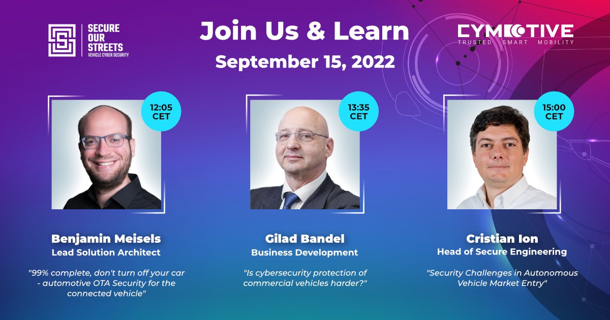 CYMOTIVE Technologies (@cymotivetech) on Twitter photo Today is the day! Super important presentations on how to secure the software-defined vehicle in the emerging digitally transformed smart mobility market. Register for free here. sos.asrg.io
#sdv #cybersecurity #smartmobility <a href="/CymotiveTech/">CYMOTIVE Technologies</a> <a href="/ASRG/">Sergey Avramenko</a> Today is the day! Super important presentations on how to secure the software-defined vehicle in the emerging digitally transformed smart mobility market. Register for free here. sos.asrg.io
#sdv #cybersecurity #smartmobility <a href="/CymotiveTech/">CYMOTIVE Technologies</a> <a href="/ASRG/">Sergey Avramenko</a>