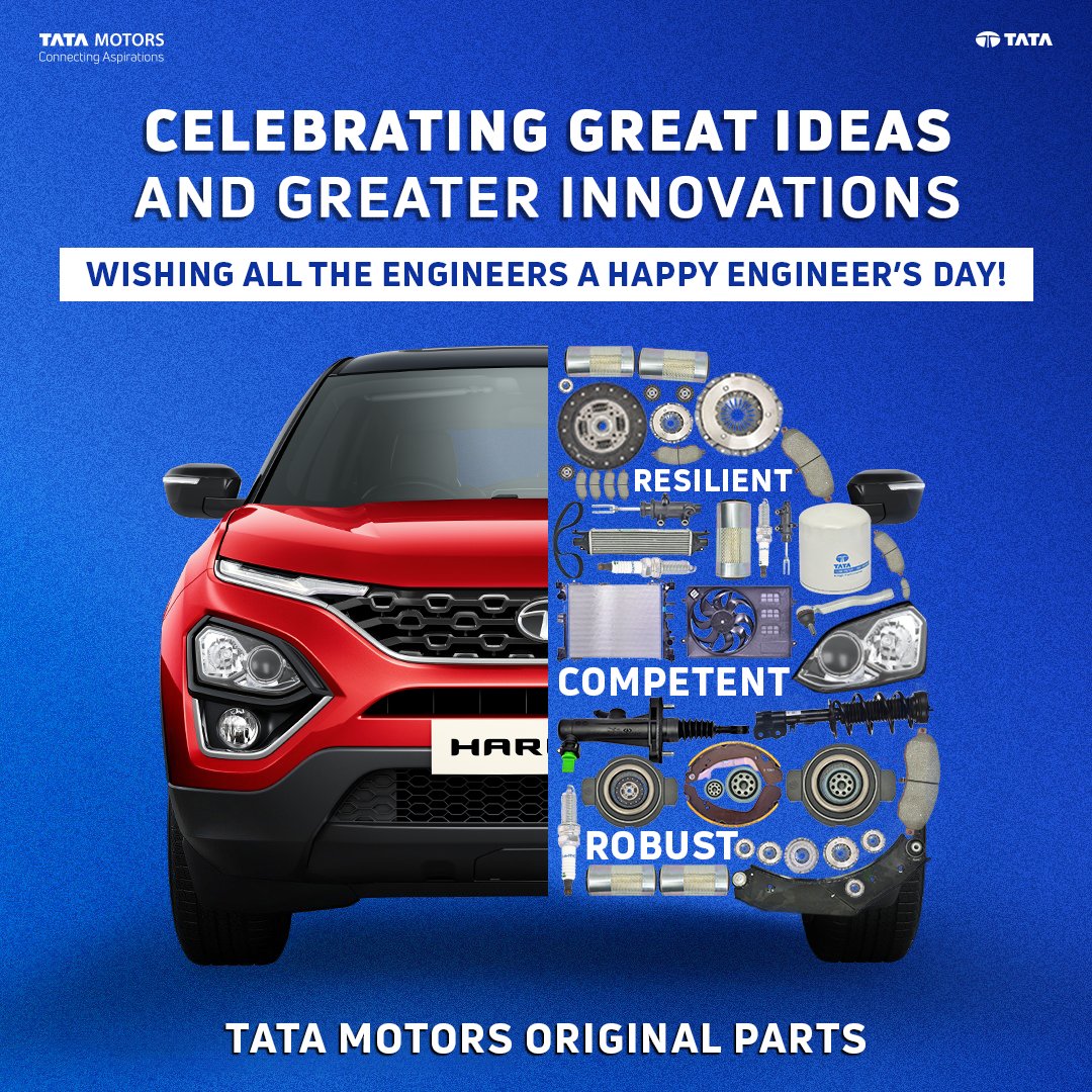 TATA_CARS's tweet photo. Honouring those who make our lives a lot more convenient than it was yesterday. 

Wishing all the Engineers a #HappyEngineersDay!

#EngineersDay2022 #EngineersDay #TopicalSpot #TataMotorsOriginalParts #GoForOriginal #TataMotors #Original #Cars #SUVs #TataMotorsPassengerVehicles https://t.co/VLgfLrMsQH