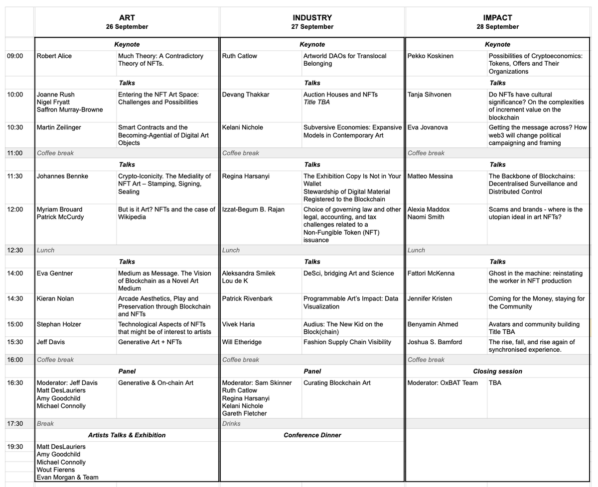 OxBAT_conf's tweet photo. Here's the agenda for the inaugural OxBAT, Oxford #blockchain, #art &amp; #technology Conference
🦇
Our speakers will talk about the influence of blockchain
- on ART
- the art INDUSTRY
- and discuss its societal IMPACT
🦇
Tickets are available:
https://t.co/jwqhArd9L7
🦇
#Crypto #NFT https://t.co/zqGUWBkD0O