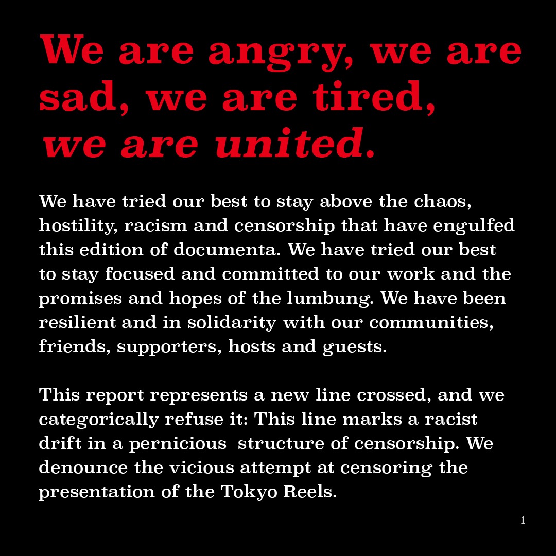 🚨The lumbung community (curators, artistic team of documenta15 & participating artists) react to the harsh & baseless accusations they've been facing for months in a powerful statement.
They denounce racism, eurocentrism, censorship & stand united.👇🏽werefuseweareangry.wordpress.com 1/15