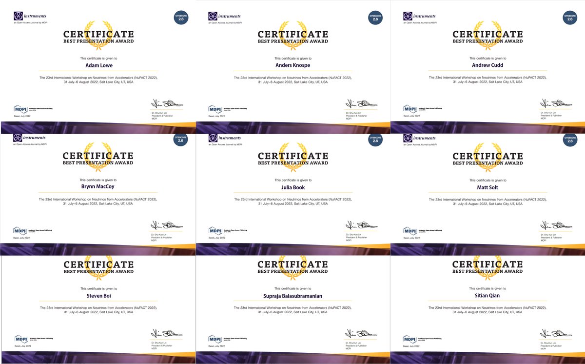 InstrumentsMDPI's tweet photo. We are pleased to announce the nine winners of the Best Presentation #Award for #NuFact2022!
Their presentations can be found at: https://t.co/HCRHtF6B4N.
The conference papers will be published at: https://t.co/2sJ3aBPiDM
#MicroBooNE
#LArTPC
#Neutrino
#Muon
#DarkMatter https://t.co/83uYcjUkOq