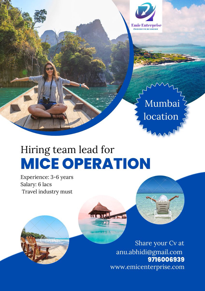 emicenterprise's tweet photo. #jobpost#jobpostings #jobposts #jobposition #jobs #jobs2022 #jobsearching #jobsearch #jobSeekers #hiring #hiringnow #recruitment #ITJob #itjobsearch #emicenterprise #mice #miceoperation #micejobs #miceTL #micehiring #traveljobs #travelindustry #jobsinmumbai  #mumbaijobs #jobhunt https://t.co/4rb14VEku4