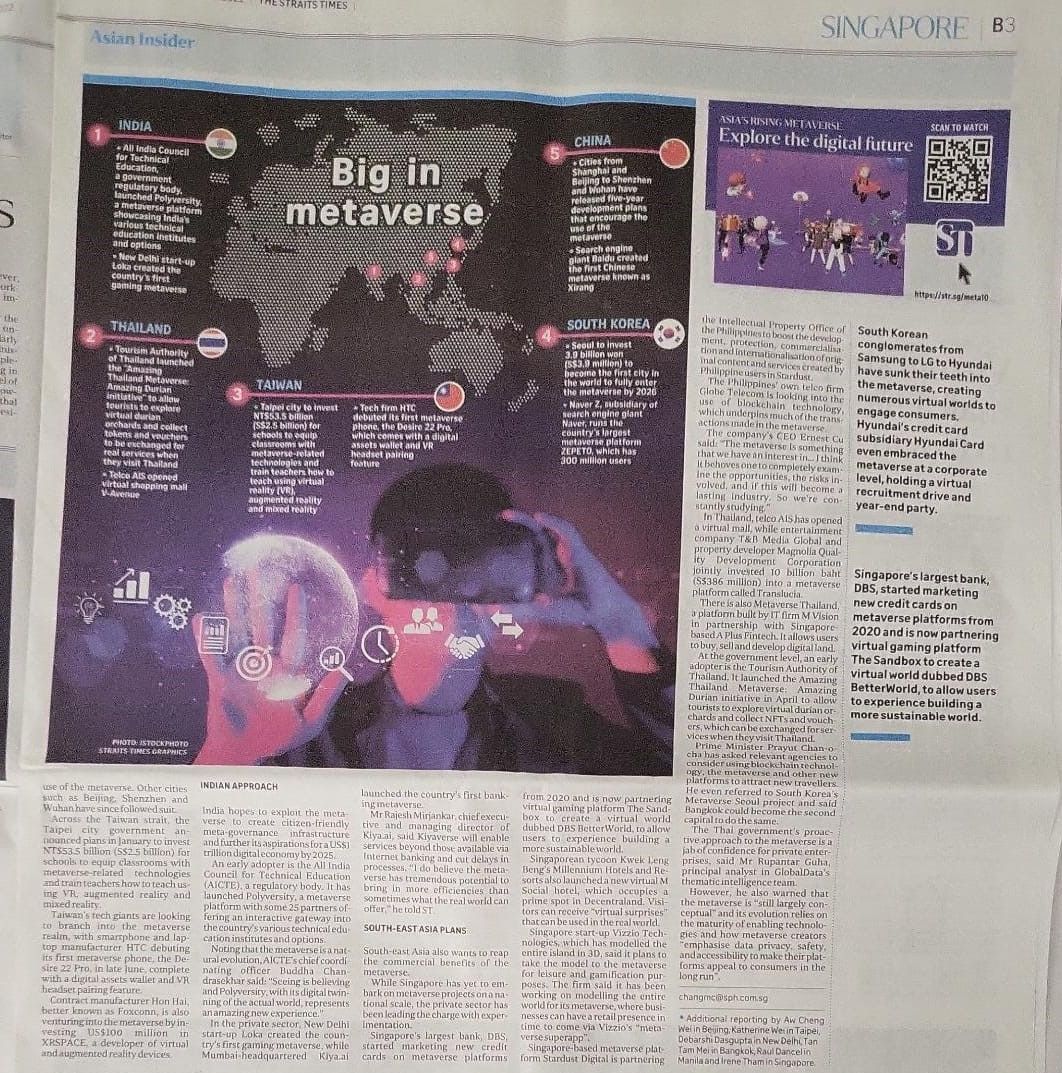 IDSBiz's tweet photo. It is great to see the POLYVERSITY project mentioned in the Straits Times newspaper in Singapore

The newspaper mentioned " All India Council for Technical Education, a government regulatory body, launched Polyversity, a metaverse platform showcasing India's various technical https://t.co/Uux5tDKP4k