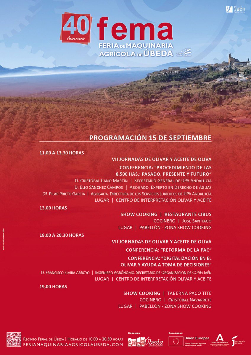 Alojam_Delgado's tweet photo. #RT @Turismodeubeda: RT @FemaUbeda: 🚜 FEMA 2022 🚜 | Os dejamos la programación de hoy para la #FEMA22.
👉 Disfrutaremos, aparte de los stands de maquinaria, con las interesantes #JornadasTécnicas y los #showcooking.
No te los pierdas!!!!!
@aytoubeda… https://t.co/IEyABu9nNS