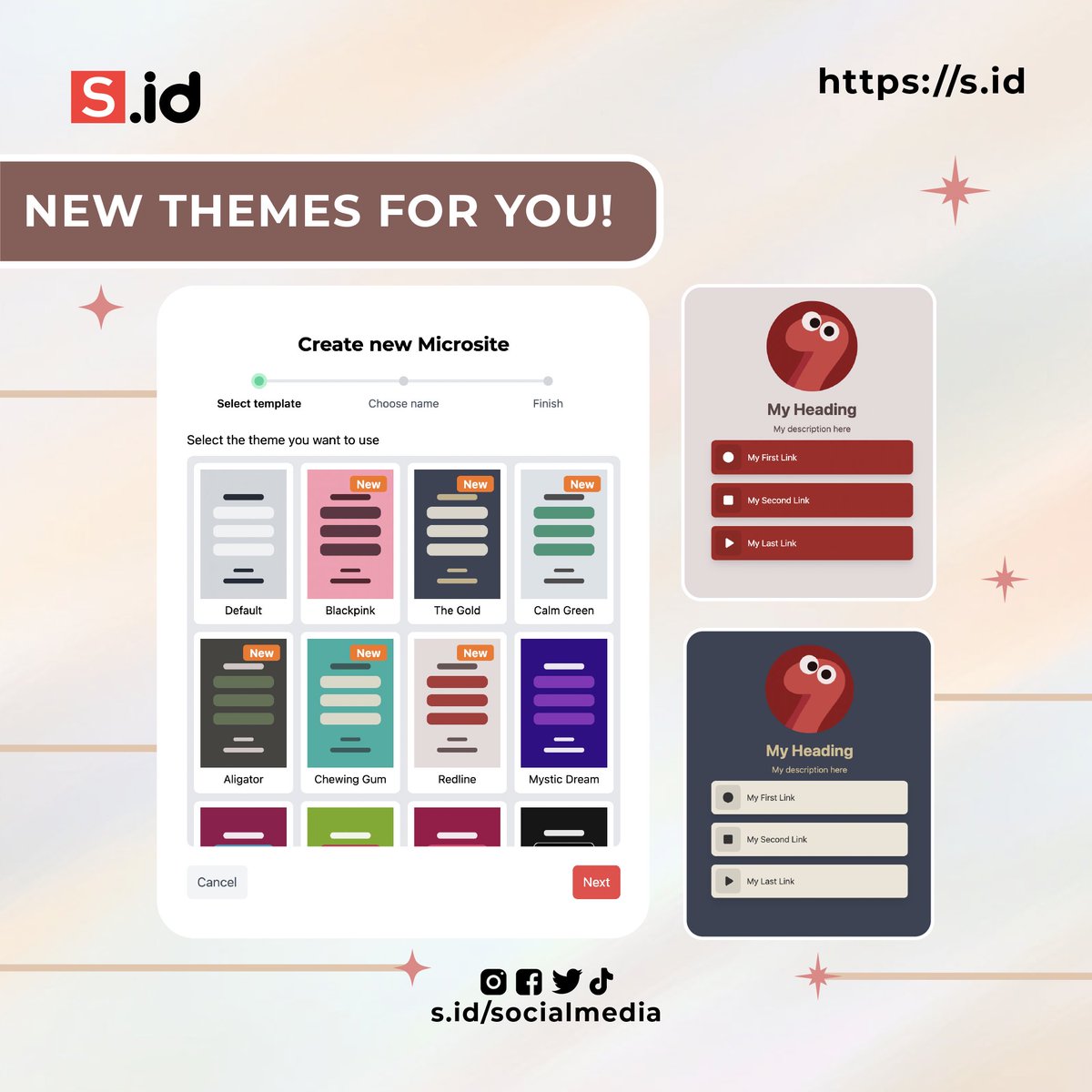 home_s_id's tweet photo. New feature alert!
Now you can more freely choose a theme for your microsite; more themes will make us even more creative!
#s_id #microsite #biolink #home_sid #domain #LinkIntheBio # #microlinks https://t.co/xVkgICO83H