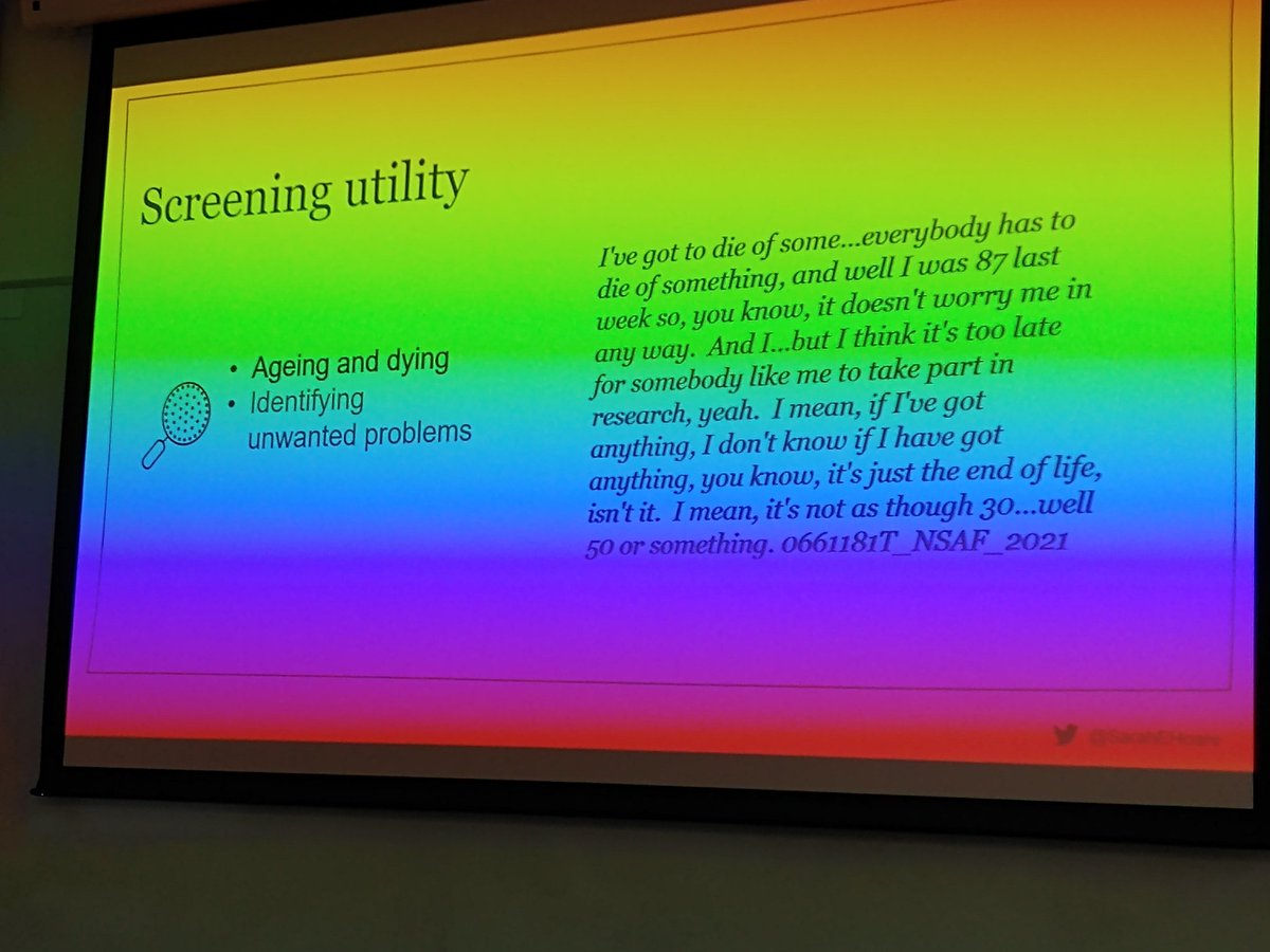 tyldesley_n's tweet photo. Absolutely fascinating talk by @SarahEHoare about why people choose NOT to screen. #medsoc2022 https://t.co/8dkXqYx3MT