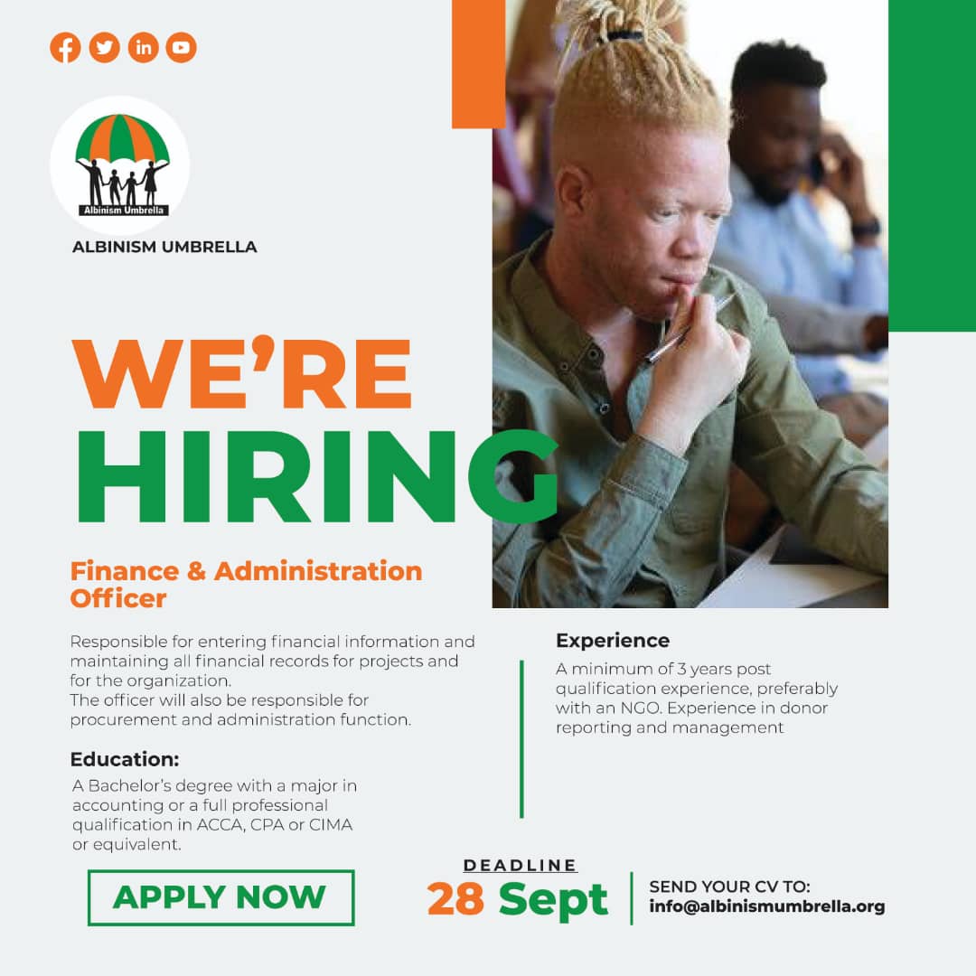 albinismumbrell's tweet photo. Qualified, and looking forward to being an addition to our team?
We are looking for you.
Submit your CV to info@albinismunbrella.org before the 28th of September 2022
#Albinismumbrellaat5
#Hiring #inclussion #Applynow https://t.co/RA4iBJd4GZ
