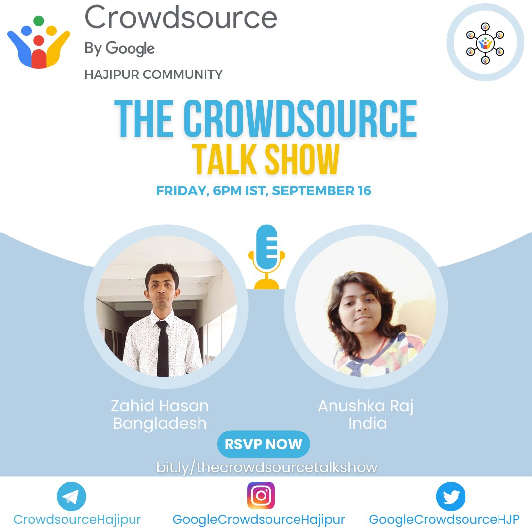 📢Event Announcement 

The Crowdsource Talk Show with Crowdsource Influencers ✨

We would like to invite you to this show where we will tell you more about Crowdsource. 

🗓️ 16 September 2022
📌 Google Meet

#GoogleCrowdSource
#TeamBlue #InfluencerAcademy
