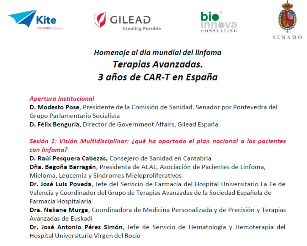 En el #DiaMundialDelLinfoma se celebran los 3 años de las #TerapiasCAR en España. El Dr. Pérez Simón hablará hoy en el #Senado del impacto de esta estrategia en pacientes con #linfoma docs.google.com/forms/d/e/1FAI…