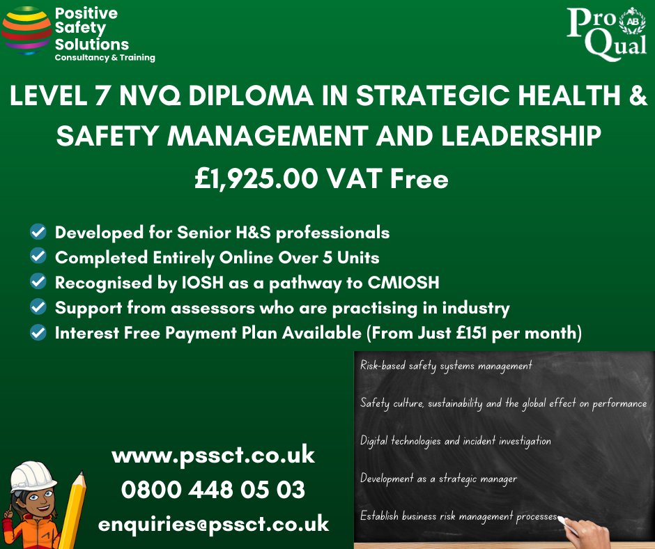 The Level 7 Diploma in Strategic
Health &amp; Safety Management and
Leadership qualification is aimed at
candidates who are responsible for
developing and applying health and
safety procedures day-to-day in any
organisation.