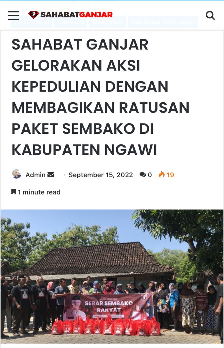 Relawan #SahabatGanjar melakukan kegiatan bakti sosial dgn tajuk “SEBAR: Sembako Rakyat”. Membagikan ratusan sembako kepada masyarakat di Kec.Paron, Kab.Ngawi, Jawa Timur. @ganjarpranowo sahabatganjar.com/2022/09/15/sah…