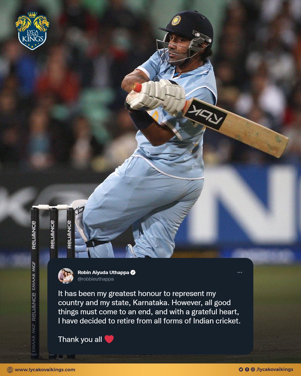 LycaKovaiKings's tweet photo. It was a Sheer Delight ✨ watching you on field! 🏏 💯 Thank you @robbieuthappa the 2️⃣0️⃣ years of Excellent Cricket! 🤗

#HappyRetirement #RobbinUthappa #LKK 👑 #LycaKovaiKings https://t.co/HqT10Jows2