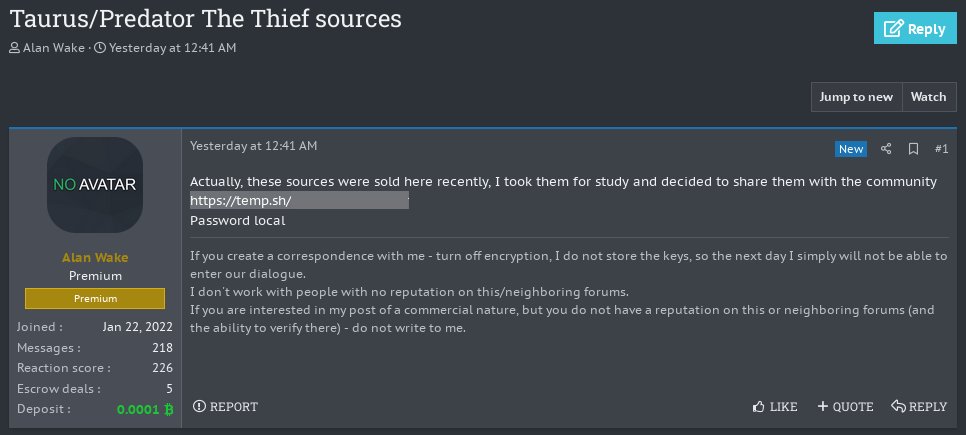 3xp0rtblog's tweet photo. Alan Wake who previously bought source codes of Predator The Thief and Taurus Project has leaked them on the XSS forum.
https://t.co/KqBFjv5UfE https://t.co/1vcm08pXyZ