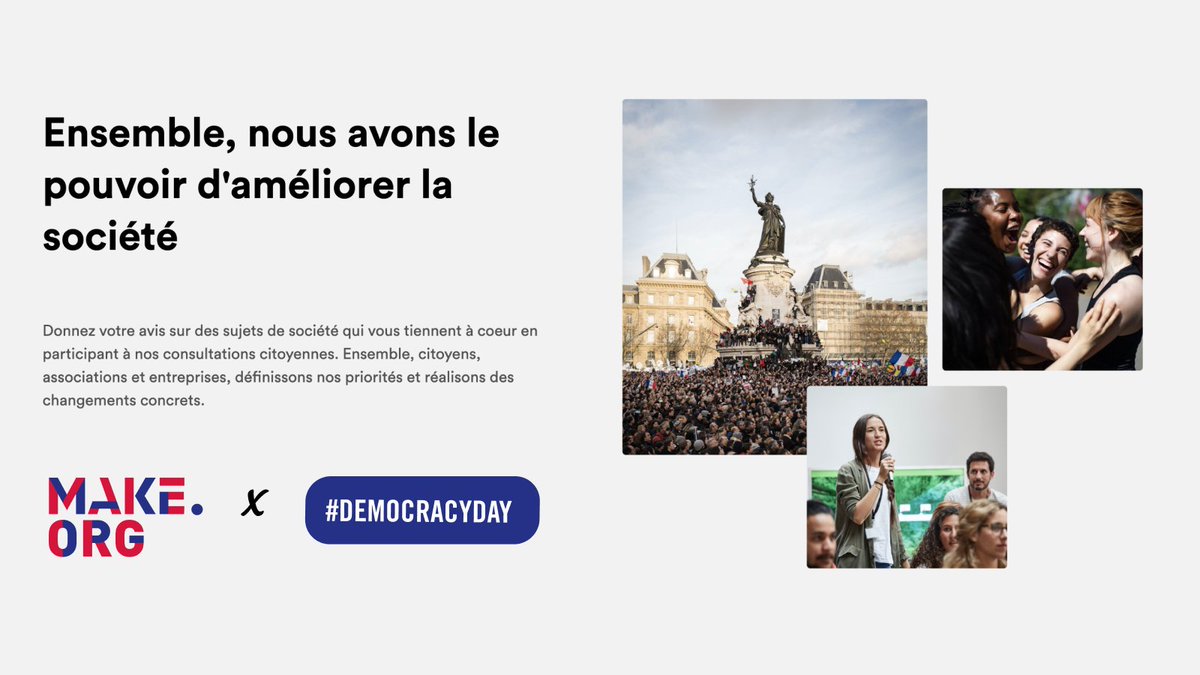 📢C'est la #JournéeDeLaDémocratie ! Cette année encore, plusieurs consultations de @Make_org, menées en France et en Europe, ont montré la soif de débat démocratique des citoyens et leur volonté d’avoir un impact sur les décisions qui les concernent au quotidien. #DemocracyDay