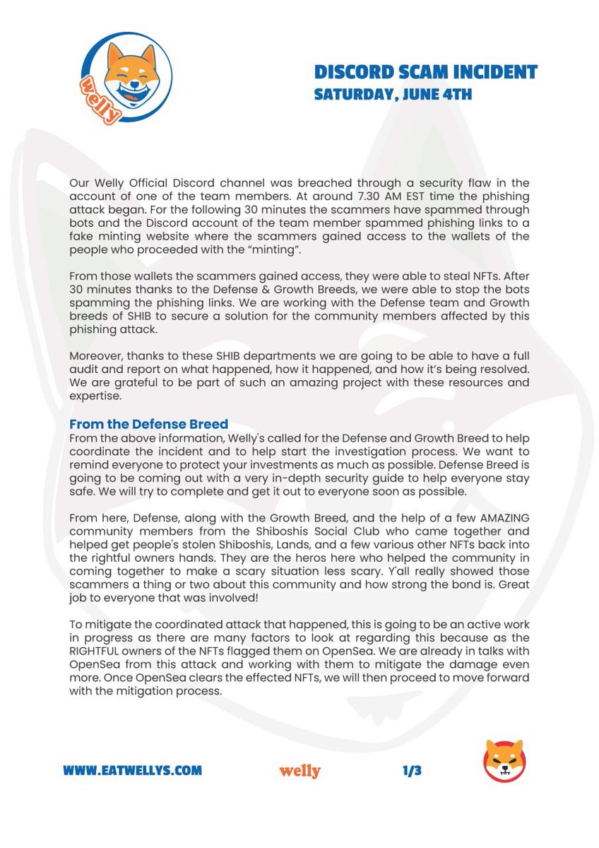 __Shibtoken_'s tweet photo. An update in regards to the 
@wellyfriends

 Phishing Exploit incident from 6.4.22.

A big thank you to the #ShibArmy community, and internal teams for stepping up to help those who were impacted. 

Please read... https://t.co/LEYONbHK9l