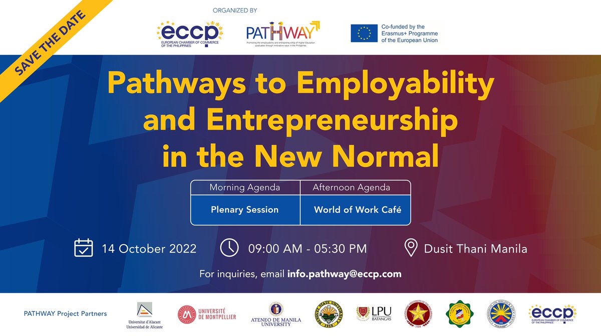 pathway2employ's tweet photo. Mark your calendars!

The PATHWAY National Event and World Cafe is set on 14 October! For more inquiries, email us at info.pathway@eccp.com.

#pathway2employability
#ErasmusPlus 
#ErasmusPlusCBHE https://t.co/FT20PXjVgf