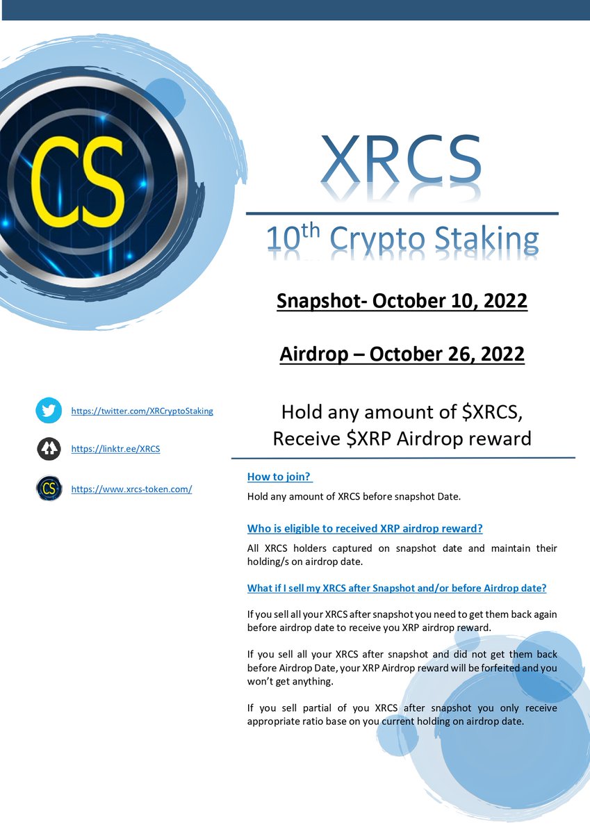 Next staking event ‼️

‼️10th Crypto Staking‼️

Earn $XRP by just holding $XRCS

SS - Oct 10 (12PM UTC)
$XRP AD - Oct 26

✅ Set your Trustline (xrpl.services/?issuer=rn2aUS…)
✅ Follow <a href="/XRCryptoStaking/">XRCS</a> 
✅ Like, Comment and Retweet

#XRCS #XRP #XRPL #PassiveIncome #InfiniteRewards