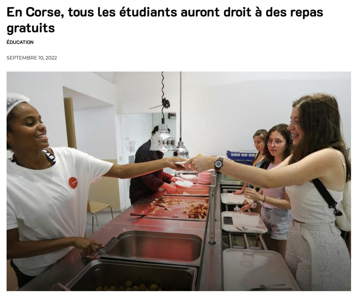 🍛 En Corse, tous les #étudiants ont droit à 2 #repas gratuits/jour au #Crous à partir de cette rentrée !
💡C'est une première en France, grâce à un partenariat entre @IsulaCorsicae et le <a href="/CrousDeCorse/">Crous de Corse - Crous di Corsica</a>, pour lutter contre la #précarité étudiante :

autrecuisine.fr/breves/deux-re…