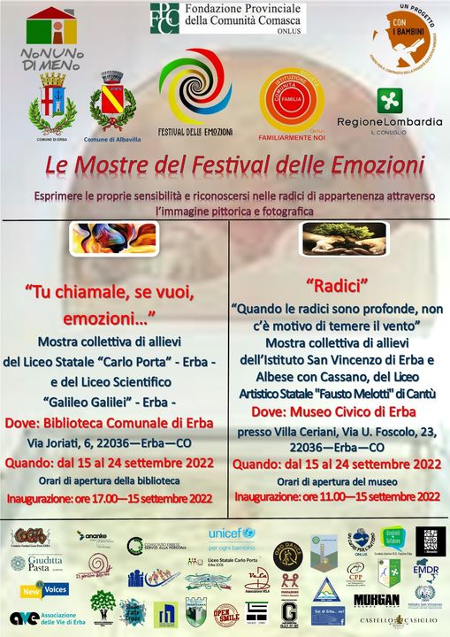 Fond_Comasca's tweet photo. 📌Le mostre del Festival Delle Emozioni.
📌Oggi 15 settembre inaugurazione
 📍alle ore 11, presso il museo civico di Erba "RADICI",
📍alle ore 17, presso la biblioteca comunale di Erba "TU CHIAMALE, SE VUOI, EMOZIONI". https://t.co/MYUNiGV2Oc