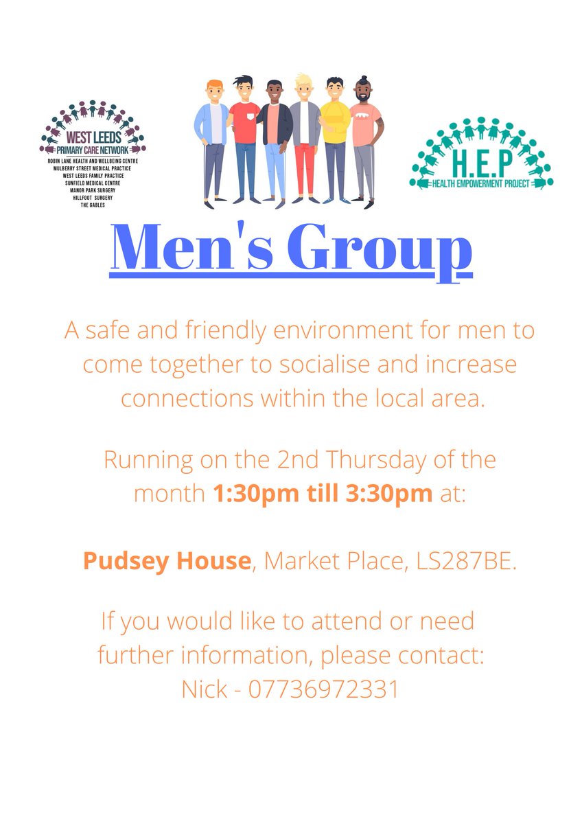 A men's only group is starting up in October for patients registered at our surgeries. This is a chance for people to come together from the local area to socialise and build connections. Please see flyer for more details.