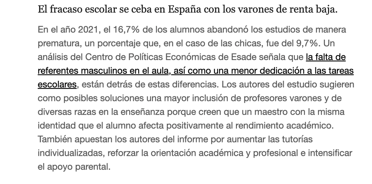 Estudio de <a href="/EsadeEcPol/">EsadeEcPol</a> sobre fracaso escolar masculino (⏫bajo nivel socioeconómico).
👦 16,7% 
👩 9,7%

¿Qué sucede?
1. Menor motivación
2. Menos trabajo

¿Soluciones?
1. Programas de tutorías
2. Orientación académica
3. + profesores varones