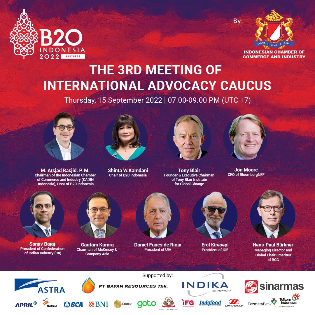 b20's tweet photo. THE 3rd MEETING OF INTERNATIONAL ADVOCACY CAUCUS (IAC)

Today, the third IAC meeting will focus on the legacy programs of B20 Indonesia 2022, namely Carbon Centre of Excellence, B20 Wiki, One Global Women Empowerment and Global “One Shot” Campaign.

#Business20 #B20 #B20Indonesia https://t.co/lMR8kbGiLt