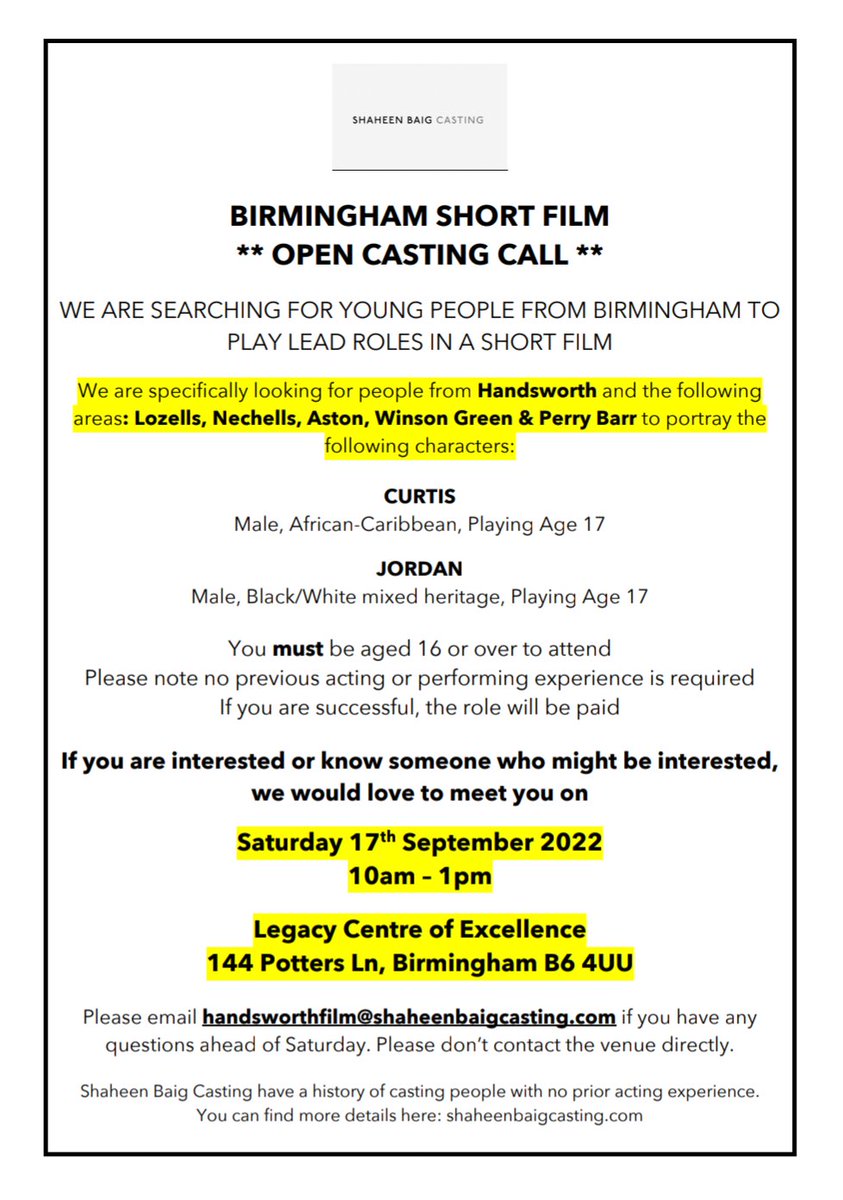 OmariMcCarthy's tweet photo. BFI FUNDED SHORT FILM - OPEN CASTING CALL

I'm seeking young people from  #Birmingham for my short film. 

If you're based in #Handsworth #lozells #nechells #aston #winsongreen #perrybarr we want to hear from you.  
Share the flyer with someone you know.

#casting https://t.co/1v56W1rx7U