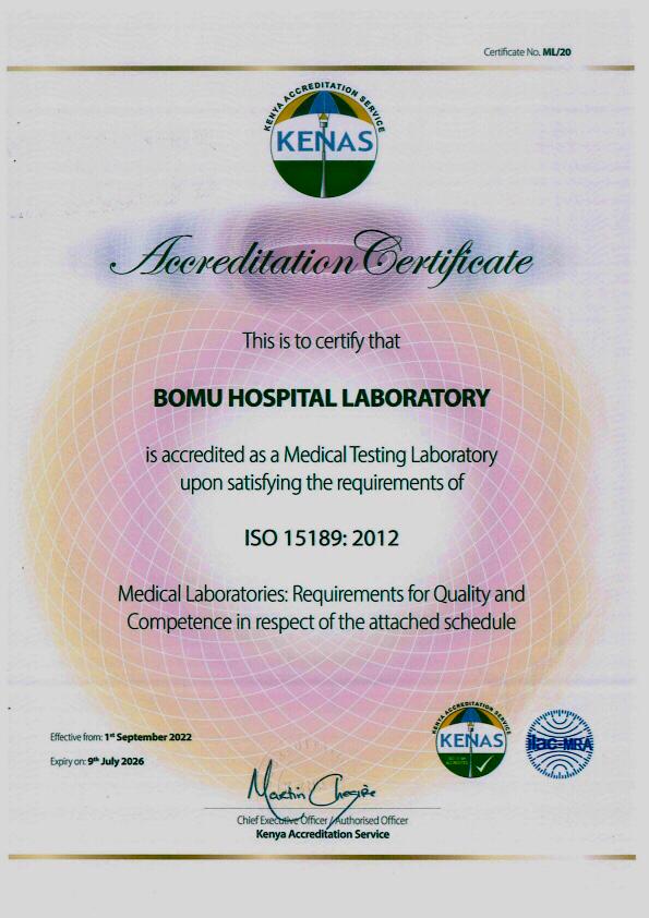Our laboratory continues to make us proud! After a thorough audit, the Bomu Hospital laboratory has, once again, demonstrated Quality and Competence, and received its ISO 15189:2012 recertification through KENAS.