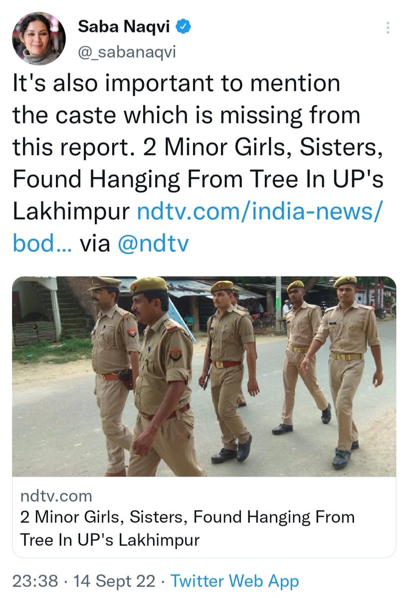 AskAnshul's tweet photo. 2 minor Dalit girls found hanging from a tree in Lakhimpur Kheri, UP.

Yesterday, Journalist Saba Naqvi said that it's important to mention the caste.

Today, 6 men arrested. But now, she won't say that mention caste or religion of perpetrators because it doesn't suit her agenda. https://t.co/TNkCz7jfqe
