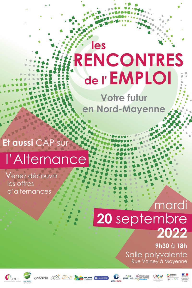 5ème édition des rencontres de l’#emploi à la salle polyvalente de #Mayenne le 20 septembre 2022 de 9h30 à 18h.
✅ Plus de 80 entreprises présentes pour 500 postes à pouvoir
✅ Un stand sur l’alternance
✅ Un accompagnement des personnes en situation de handicap avec CAP emploi