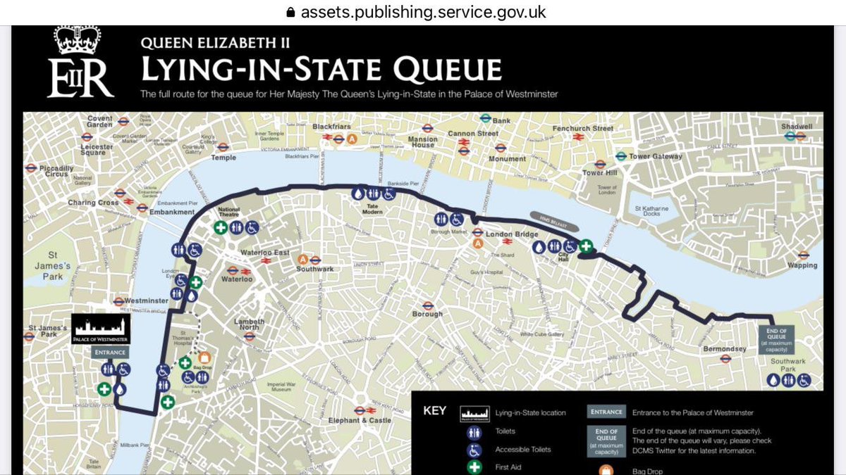 overyourhead's tweet photo. For we British, this is the queue we’ve been training for all our lives. All those hours queuing in post offices, at bus stops, &amp; to board planes... This my friends is the big one. The mother of all queues. Be brave, be staunch &amp; shuffle for Britain 🇬🇧 #QueueForTheQueen https://t.co/h7QfssX6dc
